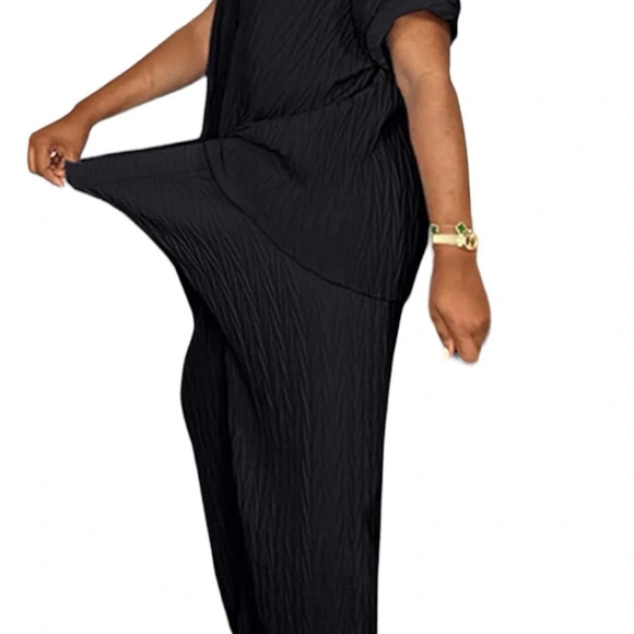 NEW Womens Casual 2 Piece Pleated Short Sleeve Button Blouse Top Wide Leg Loose - Picture 7 of 8